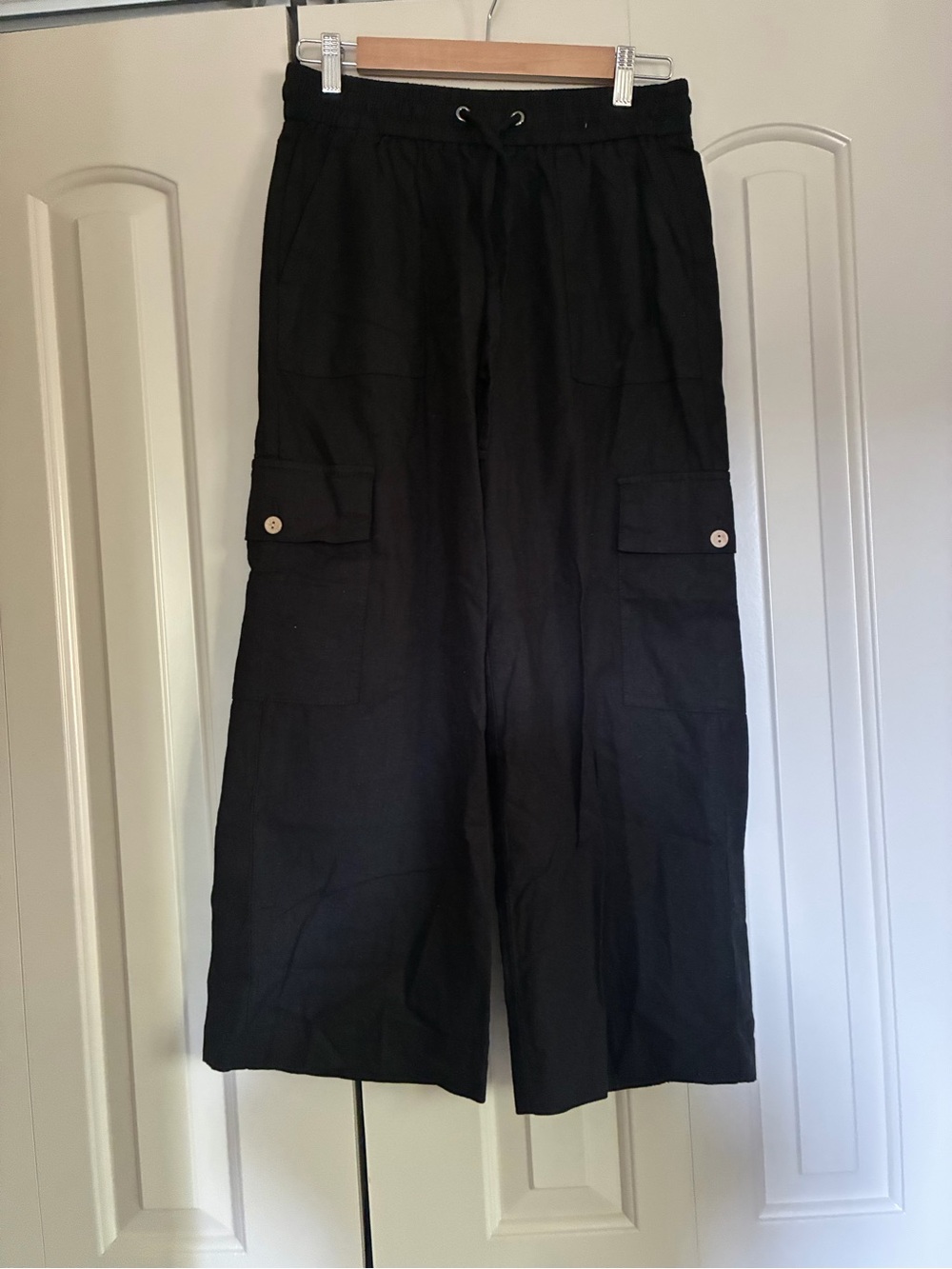Jules & Leopold Black Wide-Leg Linen Cargo Pants with Drawstring